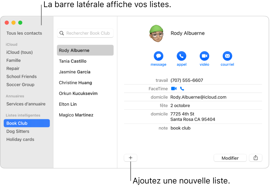 La fenêtre Contacts qui affiche la barre latérale avec des listes, comme Équipe de cyclisme, et le bouton en bas de la fiche d’un contact pour ajouter une nouvelle liste.