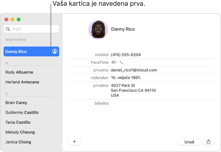 Rubni stupac aplikacije Kontakti prikazuje karticu “ja” navedenu na vrhu.