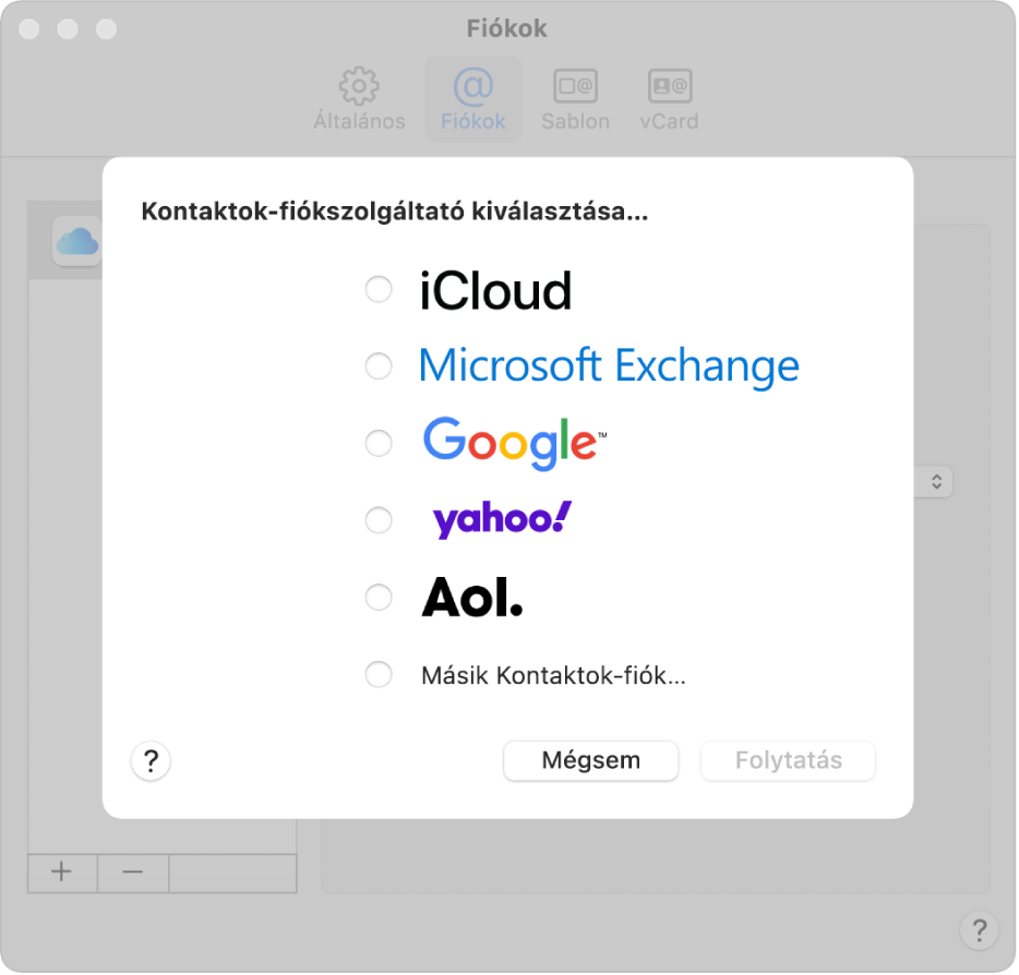 Az ablak, amelyen internetes fiókokat adhat a Kontaktok alkalmazáshoz.