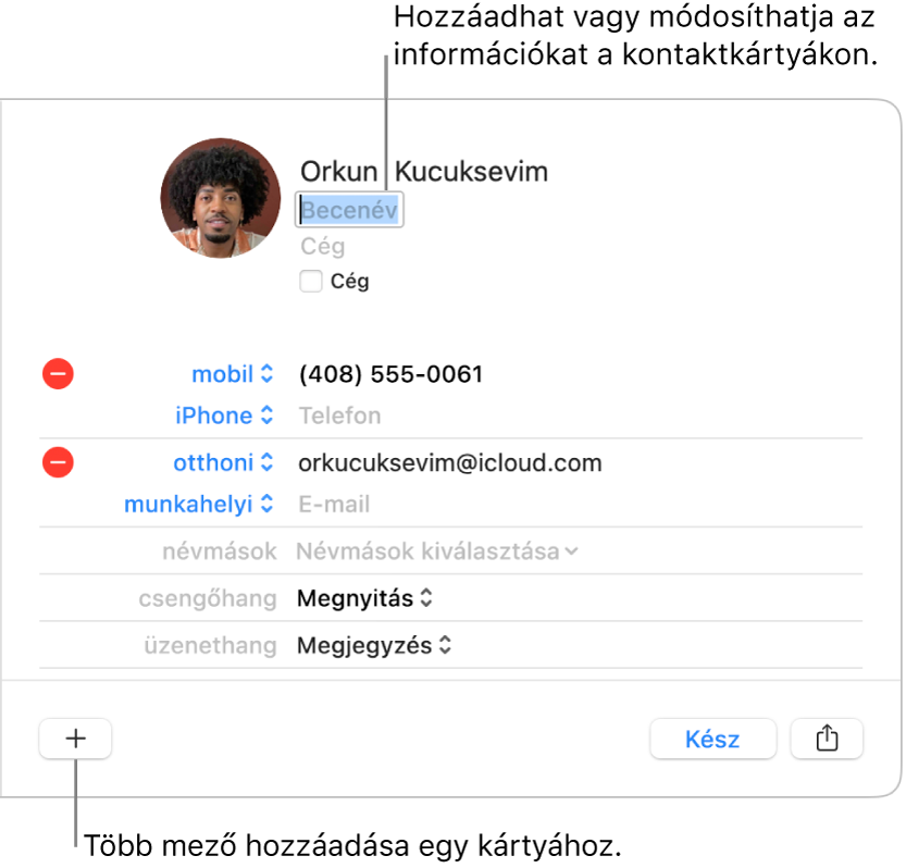 A kontakt neve alatt a becenevet valamint az ablak alján a kártyához további mezők hozzáadására szolgáló gombot megjelenítő névjegykártya.