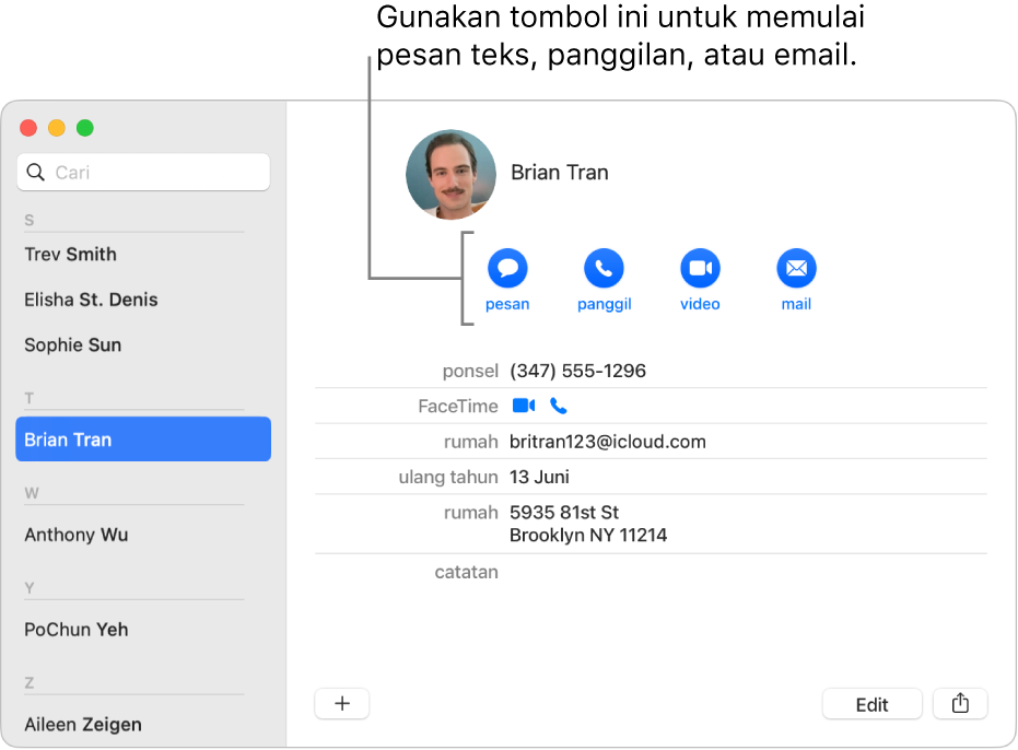 Kartu kontak menampilkan tombol yang berada di bawah nama kontak. Anda dapat menggunakan tombol ini untuk memulai pesan teks; panggilan telepon; audio, atau video, atau email.