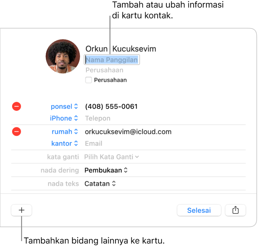 Kartu kontak menampilkan bidang nama panggilan di bawah nama kontak dan tombol di bagian bawah jendela untuk menambahkan bidang lainnya ke kartu.