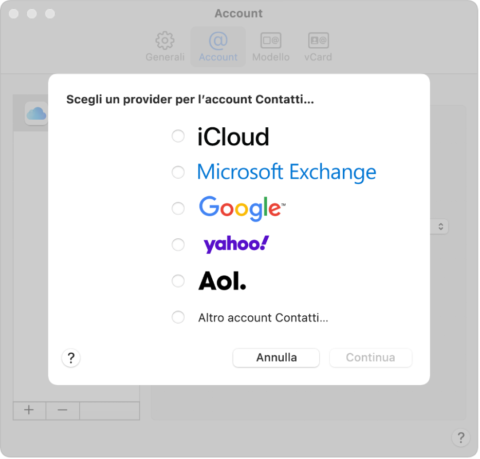 La finestra per aggiungere gli account internet all’app Contatti.