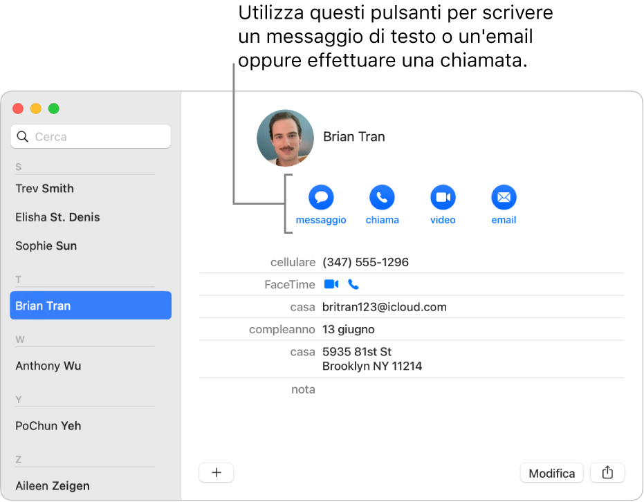 Una scheda contatto in cui sono mostrati i pulsanti posizionati sotto il nome del contatto. Puoi usarli per iniziare a scrivere un messaggio di testo o un’email; oppure effettuare una chiamata audio; telefonica o una videochiamata.