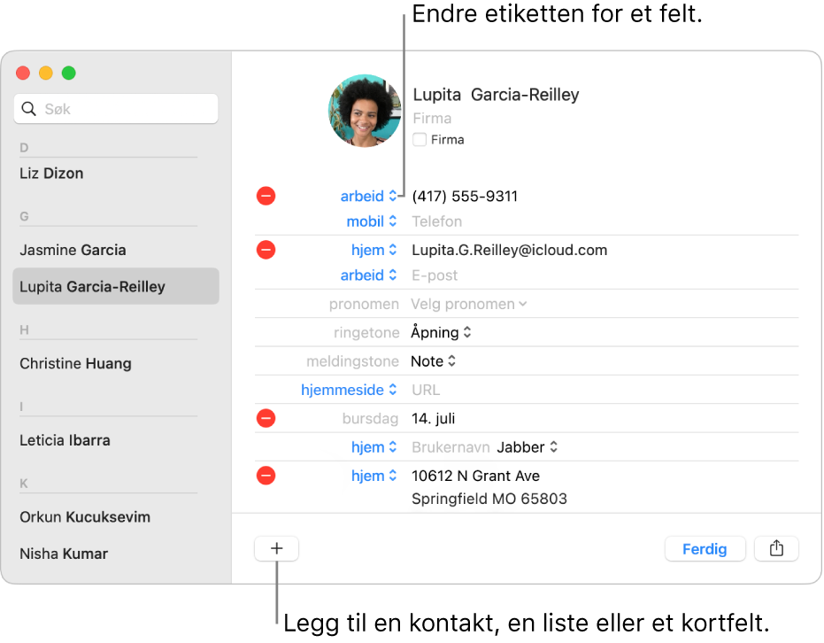 Kontaktkort som viser en feltetikett som kan endres, og knappen nederst på kortet for å legge til et felt for kontakt, liste eller kort.