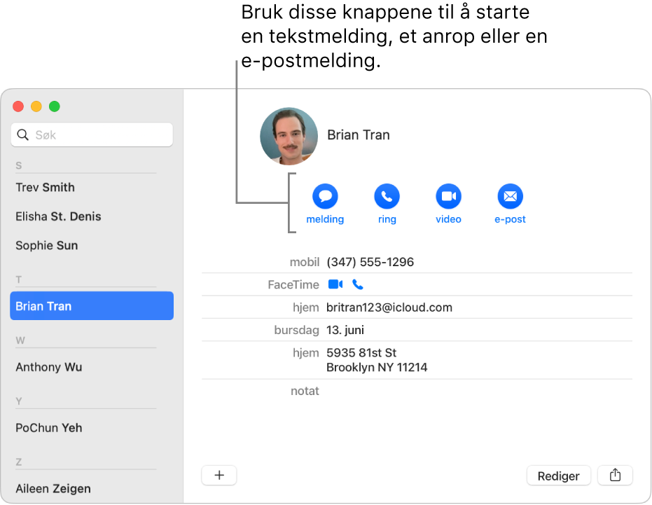 Et kontaktkort som viser knappene under kontaktens navn. Du kan bruke knappene til å starte en tekstmelding; et telefon-; lyd- eller videoanrop eller en e-postmelding.