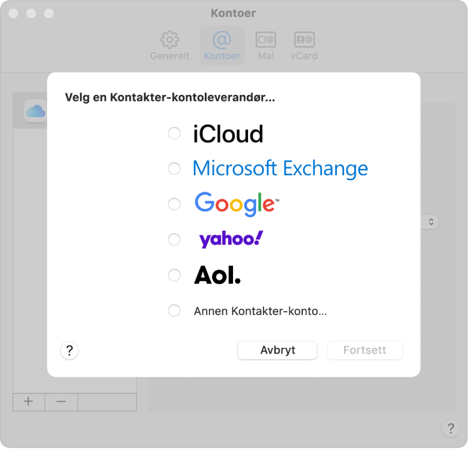 Vinduet for å legge til internettkontoer i Kontakter-appen.