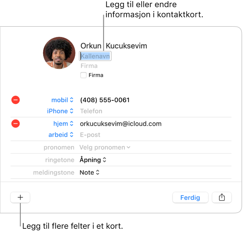 Kontaktkort som viser kallenavn-feltet under kontaktens navn og en knapp nederst i vinduet for å legge til flere felt på kortet.