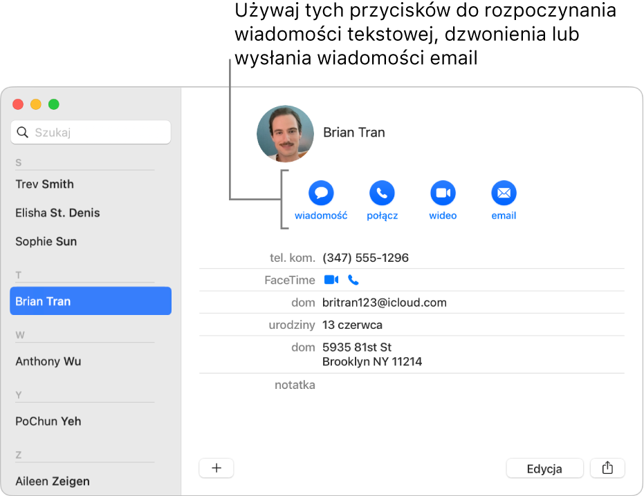 Wizytówka z przyciskami znajdującymi się pod imieniem i nazwiskiem kontaktu. Możesz użyć tych przycisków do napisania wiadomości tekstowej; wykonania połączenia telefonicznego; wykonania połączenia audio, wykonania połączenia wideo lub wysłania wiadomości email.