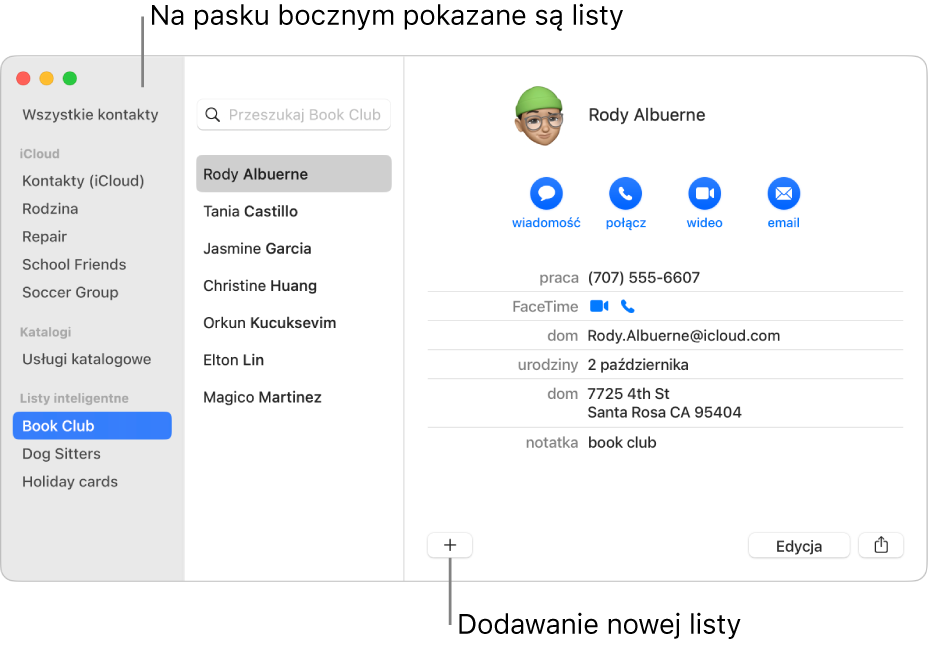 Okno Kontaktów zawierające pasek boczny z listami, takimi jak Drużyna kolarska; na dole wizytówki znajduje się przycisk pozwalający na dodanie nowej listy.