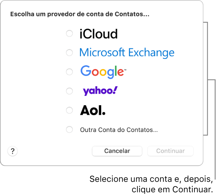 A lista de tipos de contas de internet que você pode adicionar ao app Contatos: iCloud, Exchange, Google, Yahoo, AOL e Outra Conta do Contatos.