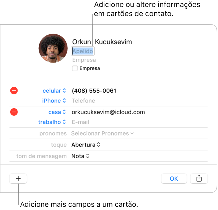 Cartão de contato mostrando o campo de apelido abaixo do nome do contato e um botão na parte inferior da janela para adicionar mais campos ao cartão.