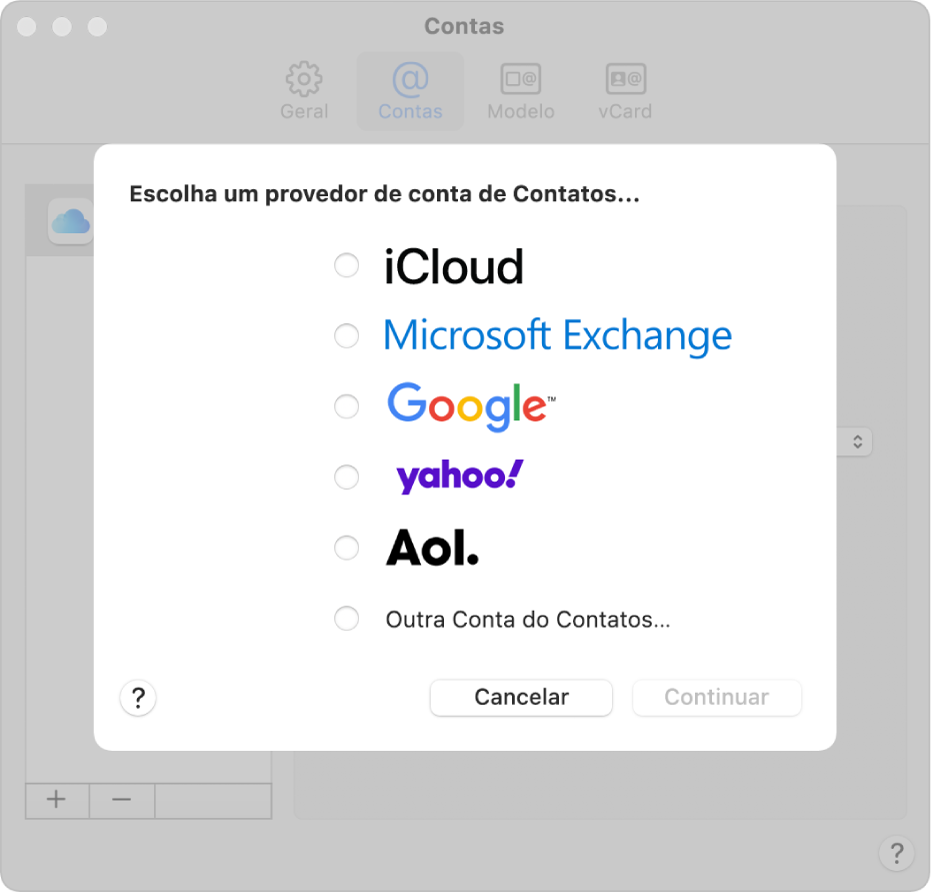 Janela para adicionar contas de internet ao app Contatos.