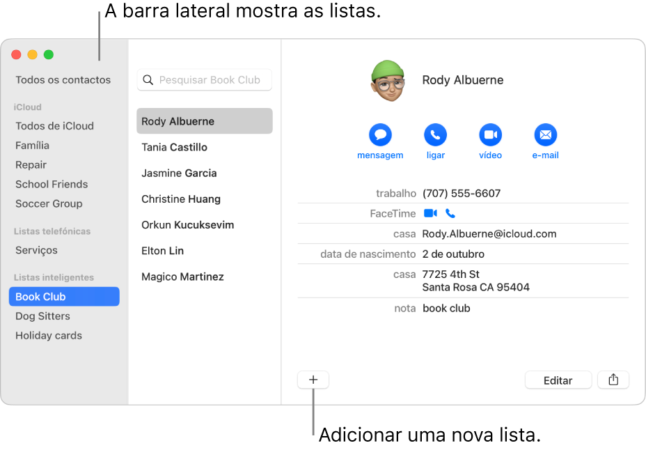 A janela da aplicação Contactos a mostrar a barra lateral com listas, como Lista de ciclismo, e o botão no fundo de uma ficha de contacto para adicionar uma nova lista.