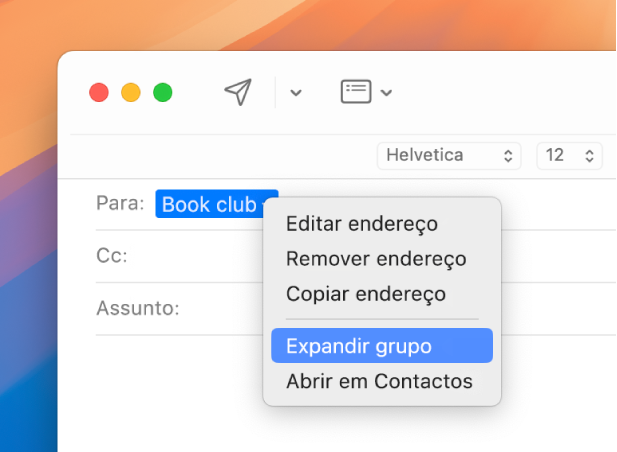 Um e-mail na aplicação Mail a mostrar uma lista no campo Para e o menu pop-up com o comando Expandir grupo.