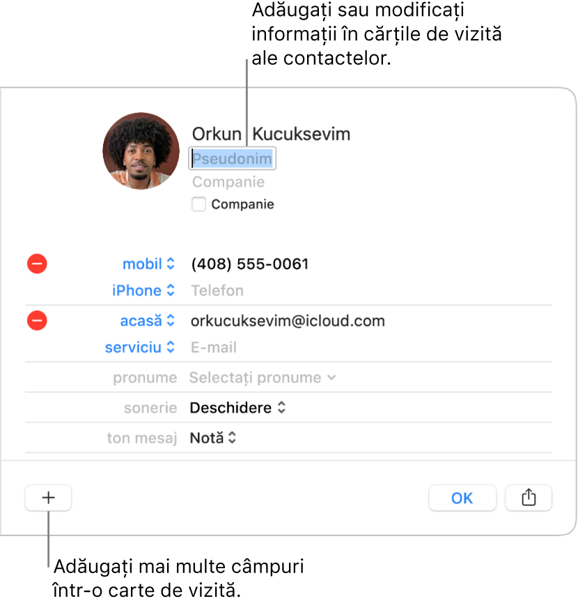 O carte de vizită afișând câmpul de pseudonim sub numele contactului și un buton în partea de jos a ferestrei pentru a adăuga mai multe câmpuri în cartea de vizită.