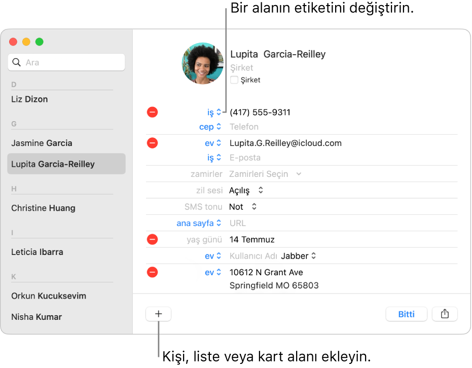 Değiştirilebilir bir alan etiketinin ve kartın alt kısmında kişi, liste veya kart alanı ekleme düğmesinin gösterildiği kişi kartı.