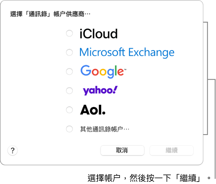 你可加至「通訊錄」App 的互聯網帳户類型列表： iCloud、Exchange、Google、Yahoo、AOL和「其他通訊錄帳户」。