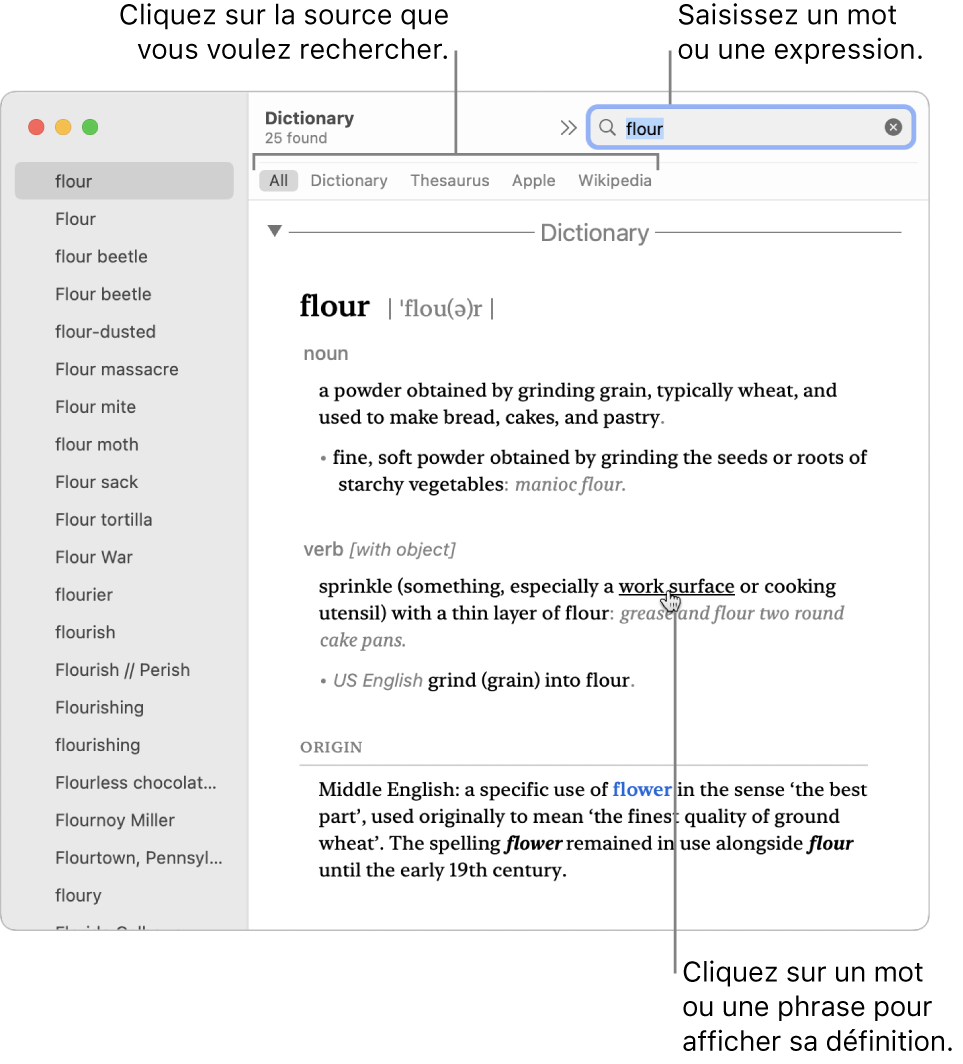 Fenêtre Dictionnaire complète affichant une définition. Cliquez sur un mot ou une phrase dans une définition pour afficher sa définition. Pour sélectionner une source à rechercher, cliquez sur son nom dans la barre des sources, sous la barre d’outils. Saisissez un mot ou une expression dans le champ de recherche.