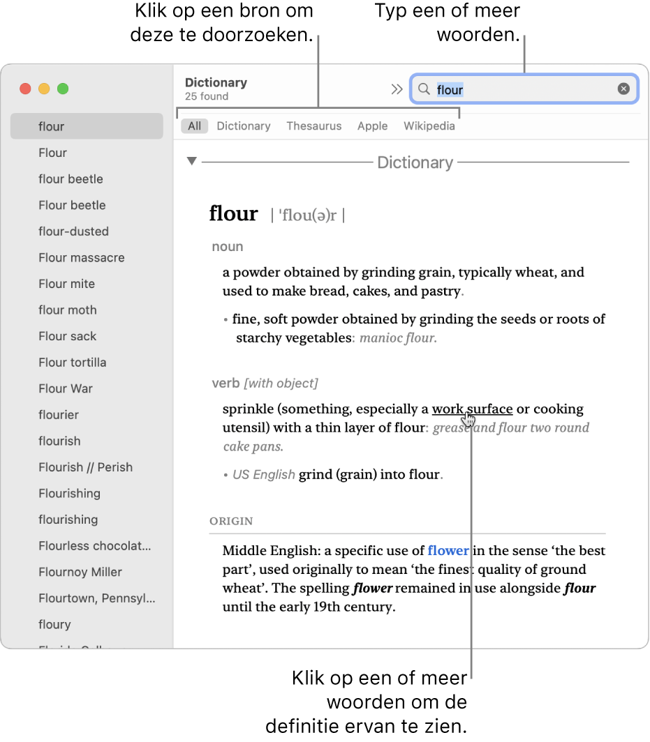 Het volledige Woordenboek-venster met een definitie. Klik op een of meer woorden in de definitie om de desbetreffende definitie weer te geven. Om een bron te doorzoeken, klik je op de naam van de bron in de bronbalk, onder de knoppenbalk. Typ een of meer woorden in het zoekveld.