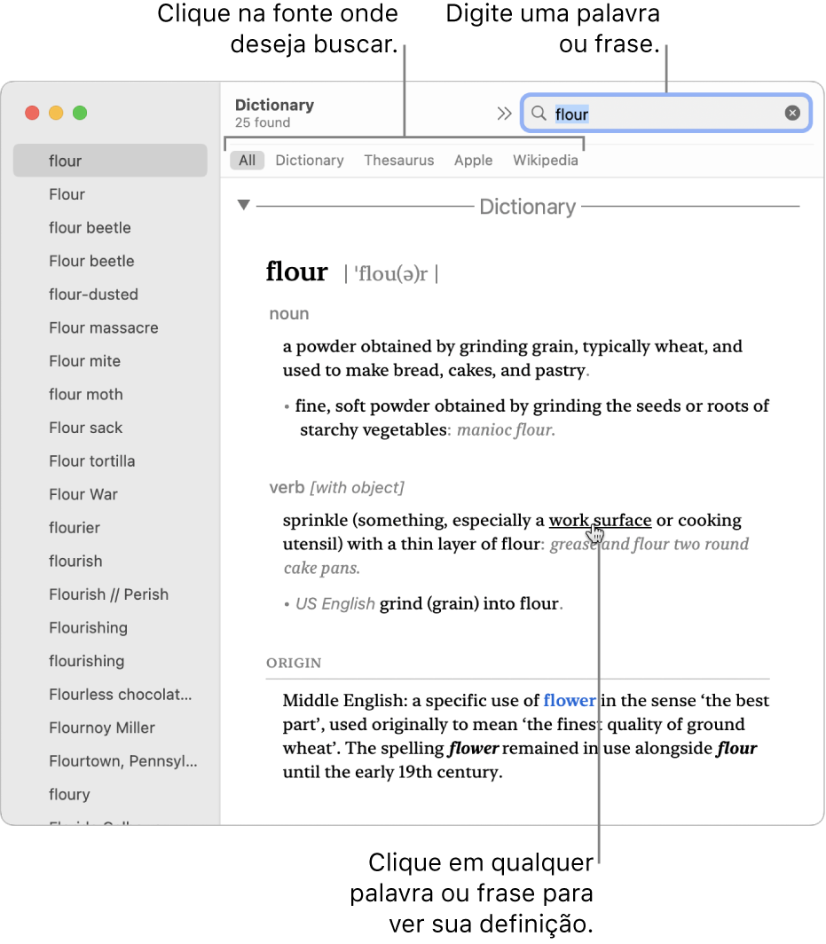 A janela completa do Dicionário mostrando uma definição. Clique em qualquer palavra ou frase na definição para ver sua definição. Para selecionar uma fonte de busca, clique em seu nome na barra de fontes, localizada abaixo da barra de ferramentas. Digite uma palavra ou frase no campo de busca.