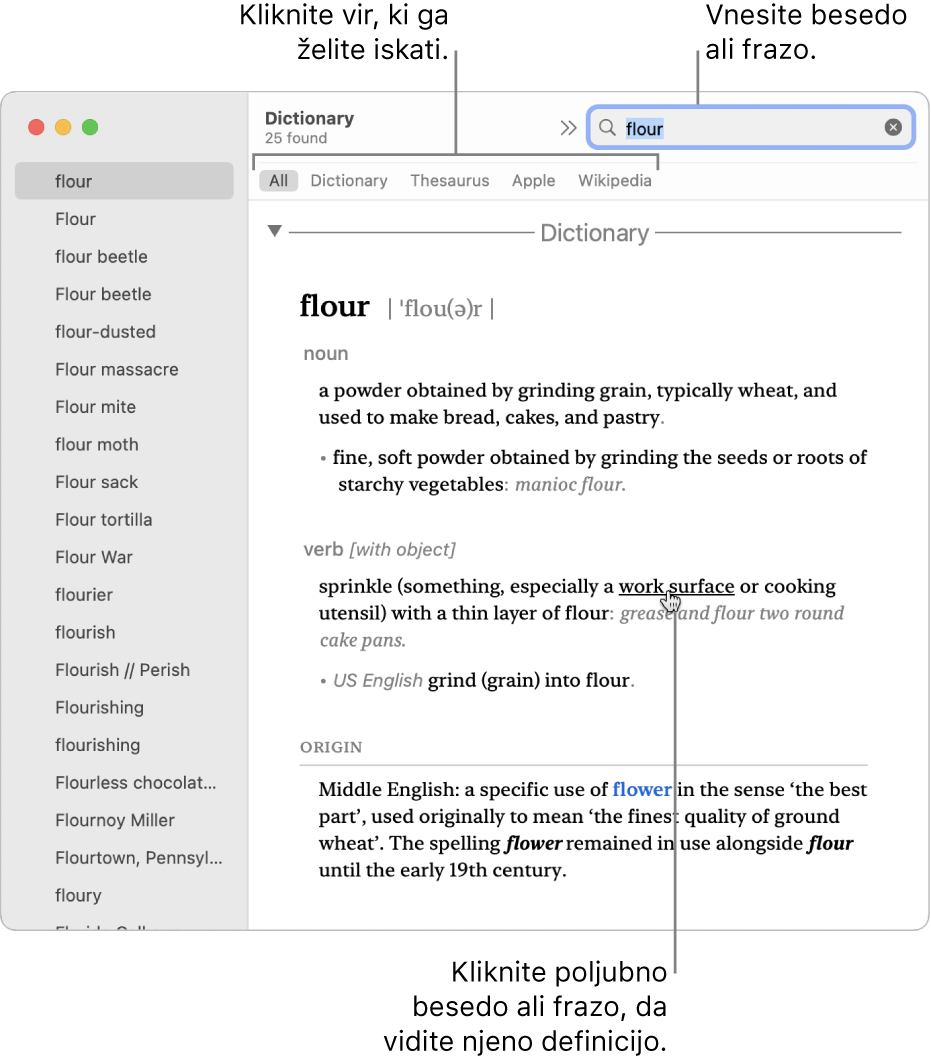 Celotno okno Slovarja, ki prikazuje definicijo. Kliknite poljuben izraz ali frazo v definiciji, da prikažete njeno definicijo. Če želite izbrati vir za iskanje, kliknite njegovo ime v vrstici vira pod orodno vrstico. V iskalno polje vnesite izraz ali frazo.
