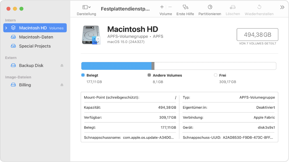 Fenster des Festplattendienstprogramms mit der ausgewählten Darstellung „Nur Volumes anzeigen“. Die Seitenleiste auf der linken Seite zeigt zwei interne Volumes, ein externes Volumes und ein Disk-Image-Volume. Rechts im Fenster werden Details zum ausgewählten Volume angezeigt.