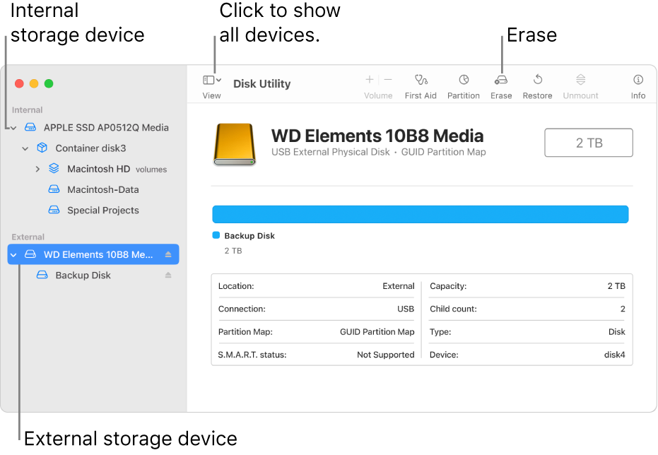 A Disk Utility window showing two storage devices in Show All Devices view.