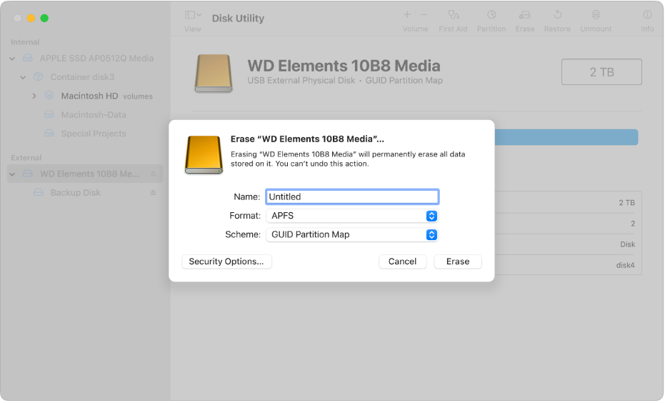 The Erase dialogue showing the name, format and scheme fields.