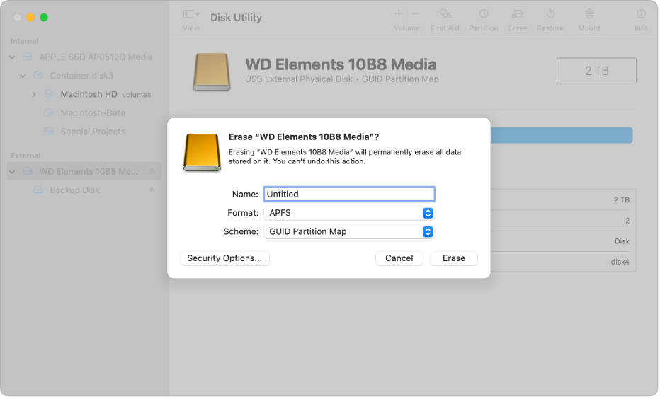 The Erase dialog showing the name, format, and scheme fields.