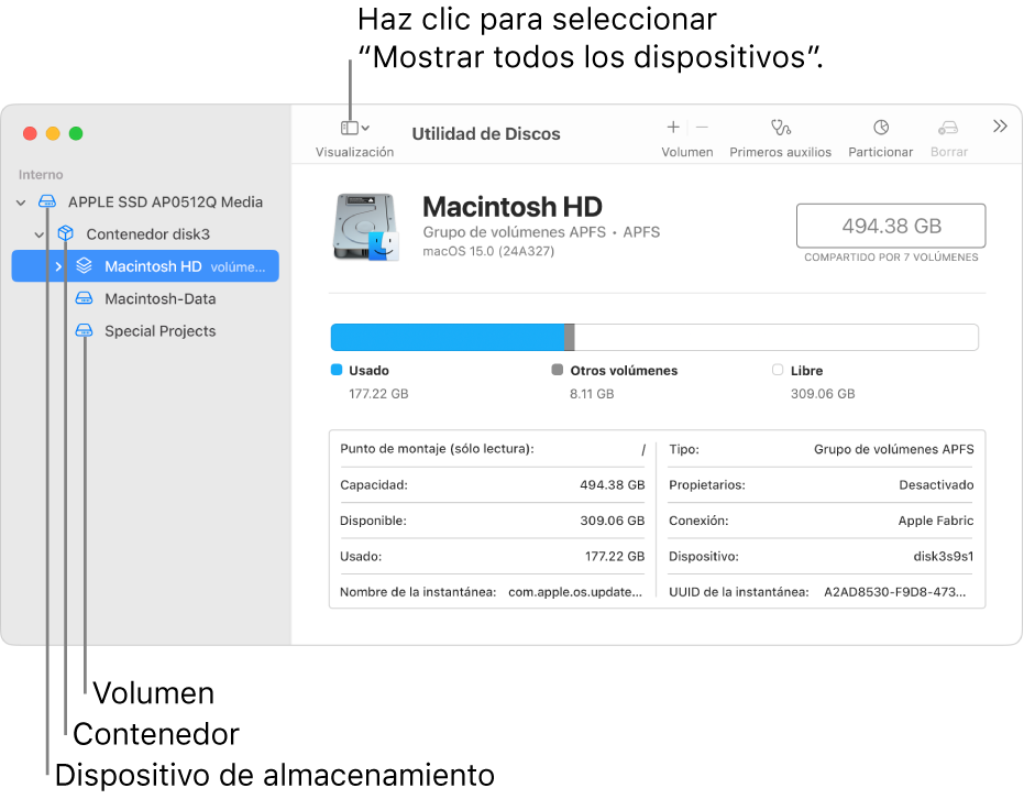 La ventana Utilidad de Discos mostrando tres volúmenes un contenedor y un dispositivo de almacenamiento en la visualización Mostrar todos los dispositivos.