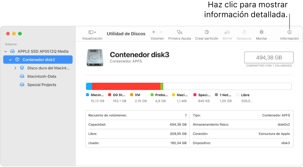 Una ventana de Utilidad de Discos con un dispositivo de almacenamiento seleccionado en la barra lateral e información sobre el dispositivo a la derecha.