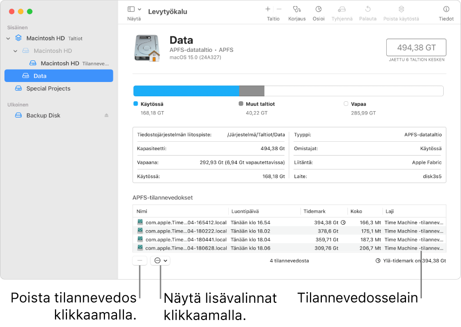 Levytyökalu-ikkuna, jossa näkyy tilannevedosselain.