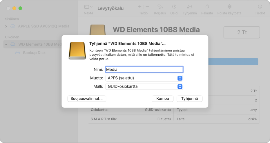 Levytyökalu-ikkunassa näkyy tyhjennysvalintaikkuna, jossa asetetaan alustamaan ulkoinen muisti uudelleen salatussa APFS-muodossa.