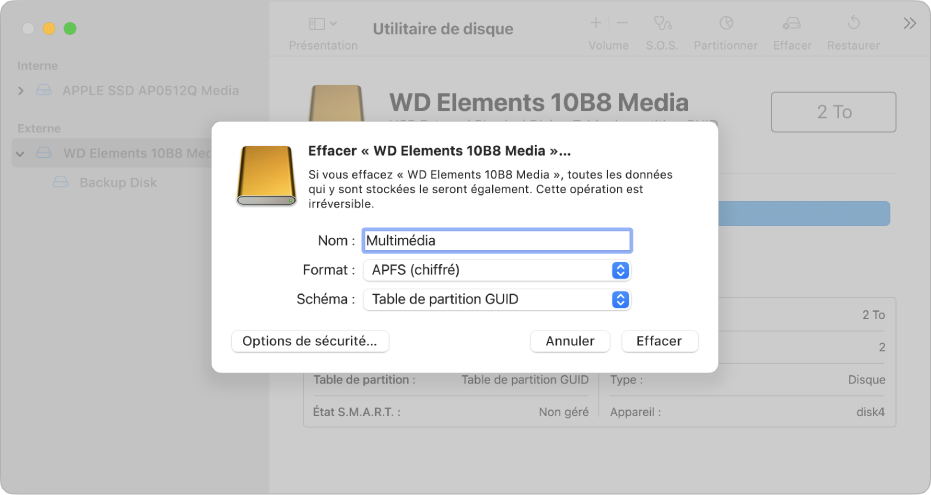 Une fenêtre Utilitaire de disque affichant la zone de dialogue Effacer configurée pour reformater un disque externe dans un format APFS chiffré.