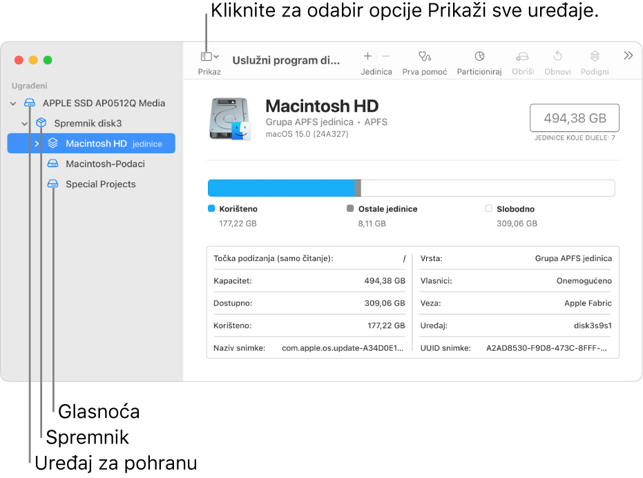 Prozor Uslužni program diska u prikazu svih uređaja.