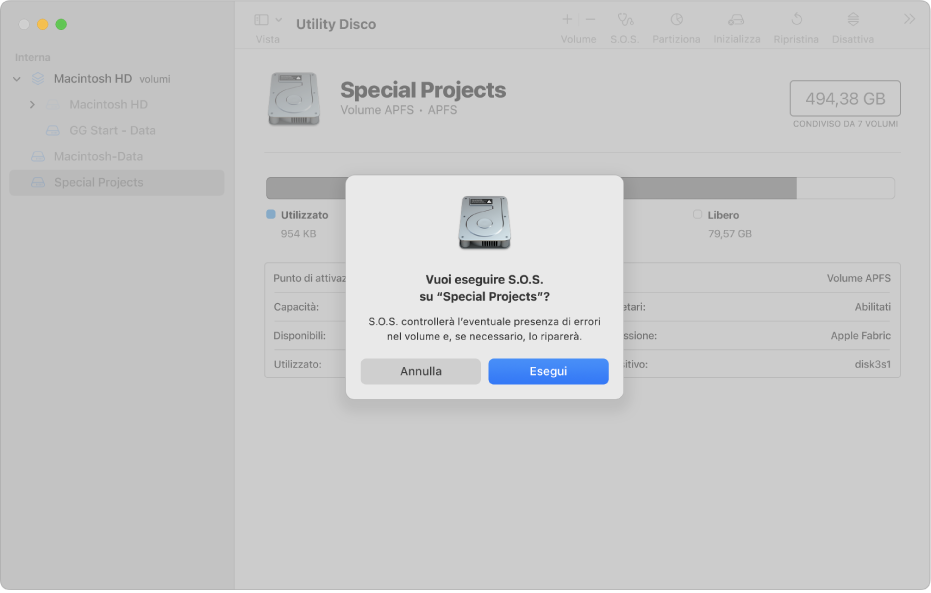 Una finestra di Utility Disco che la finestra di dialogo per la conferma di S.O.S.