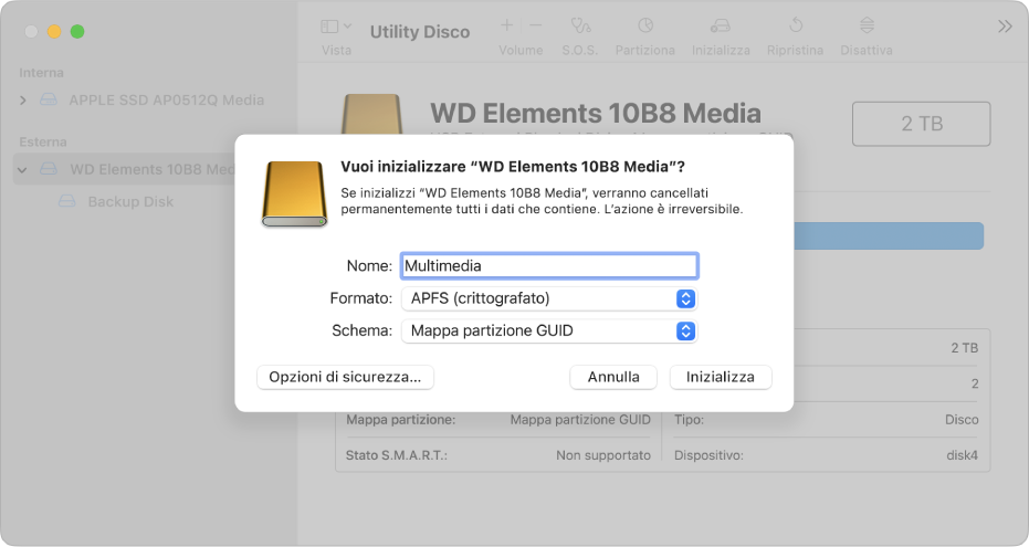 Finestra di Utility Disco con la finestra di dialogo impostata per riformattare un’unità esterna con un formato codificato APFS.