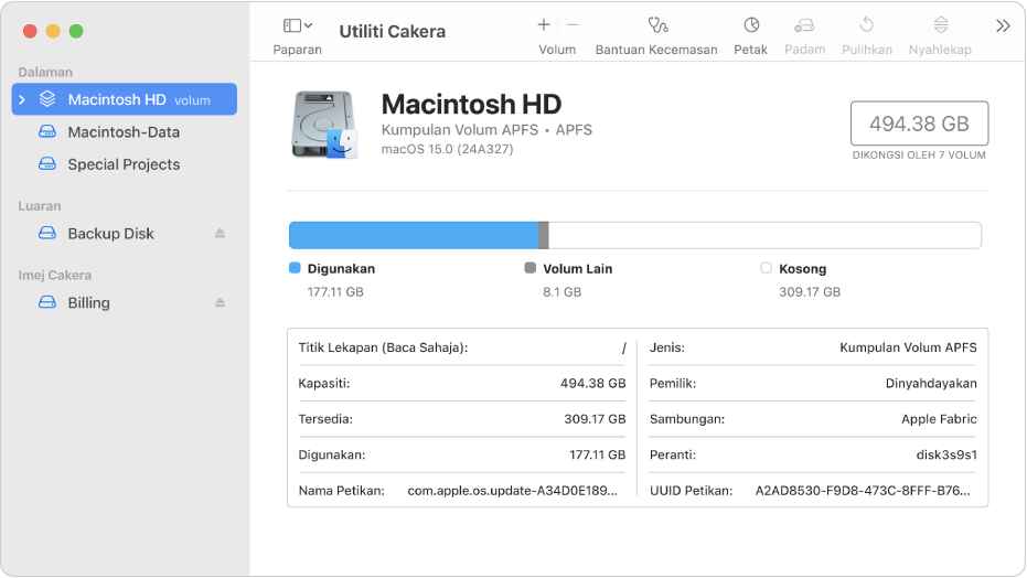 Tetingkap Utiliti Cakera, menunjukkan dua volum APFS pada cakera dalaman, volum pada cakera luaran dan imej cakera.