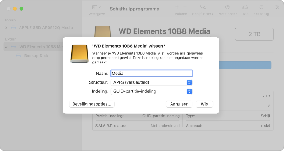 Een venster van Schijfhulpprogramma met het dialoogvenster voor wissen dat wordt ingesteld voor het opnieuw formatteren van een externe schijf met een in APFS versleutelde structuur.