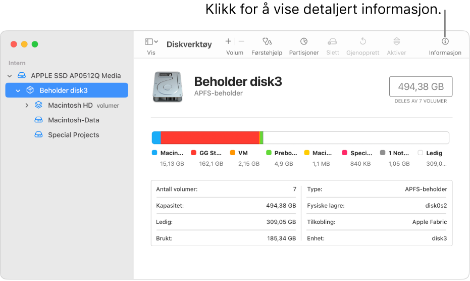 Et Diskverktøy-vindu som viser en lagringsenhet som er markert i sidepanelet, og informasjonen om enheten vises til høyre.