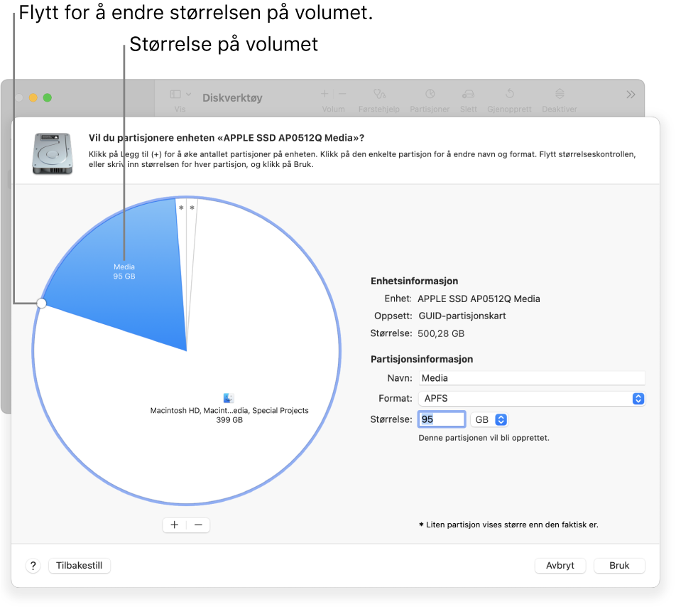 Partisjoner-vinduet som viser en fysisk disk med flere partisjoner.