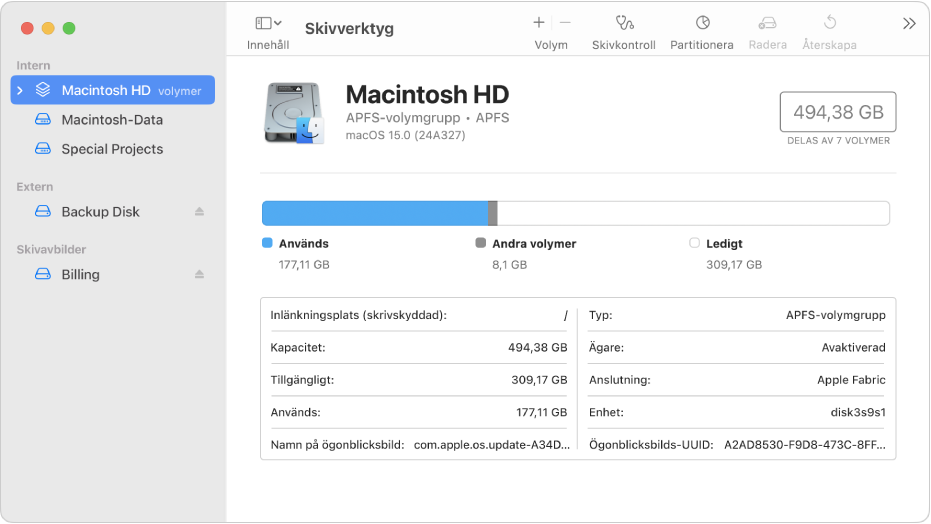 Skivverktyg-fönstret som visar två APFS-volymer på en intern skiva, en volym på en extern skiva och en skivavbild.