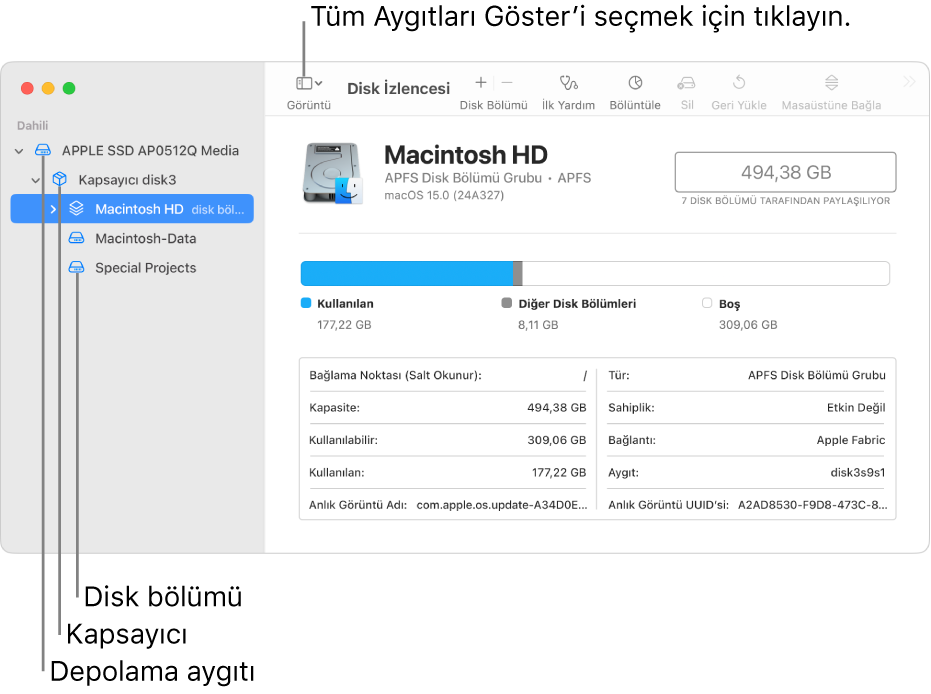 Tüm aygıtları göster görüntüsündeki Disk İzlencesi penceresi.