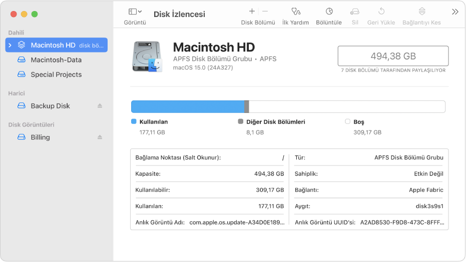 Yalnızca Disk Bölümlerini Göster görüntüsü seçili Disk İzlencesi penceresi. Soldaki kenar çubuğunda iki dahili disk bölümü, bir harici disk bölümü ve bir disk görüntüsü bölümü görüntüleniyor. Pencerenin sağ tarafında seçili disk bölümüyle ilgili ayrıntılar gösterilir.