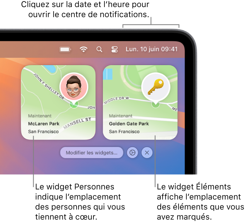 Deux widgets Localiser : un widget Personnes montrant la position d’une personne, et le widget Éléments montrant la position d’une clé. Cliquez sur la date et l’heure dans la barre des menus pour ouvrir le centre de notifications.