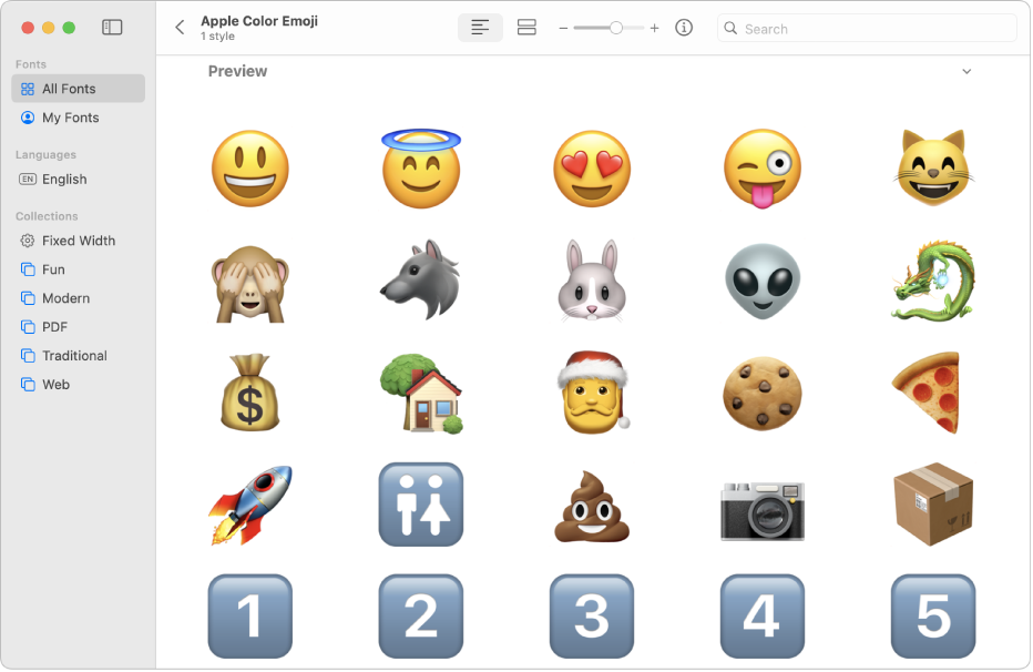 The Font Book window showing a preview of the Apple Color Emoji font.