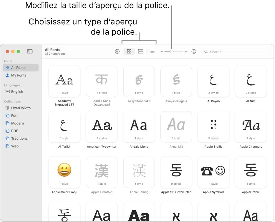 La fenêtre « Livre des polices » avec la barre dʼoutils affichant des boutons pour choisir le type d’aperçu des polices et un curseur vertical pour changer la taille de l’aperçu.