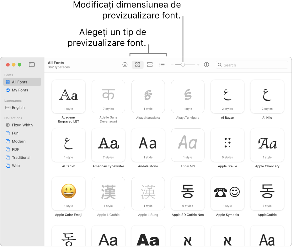 Fereastra Font Book cu bara de instrumente afișând butoanele pentru alegerea tipului de previzualizare a fontului și un glisor vertical pentru modificarea dimensiunii previzualizării.