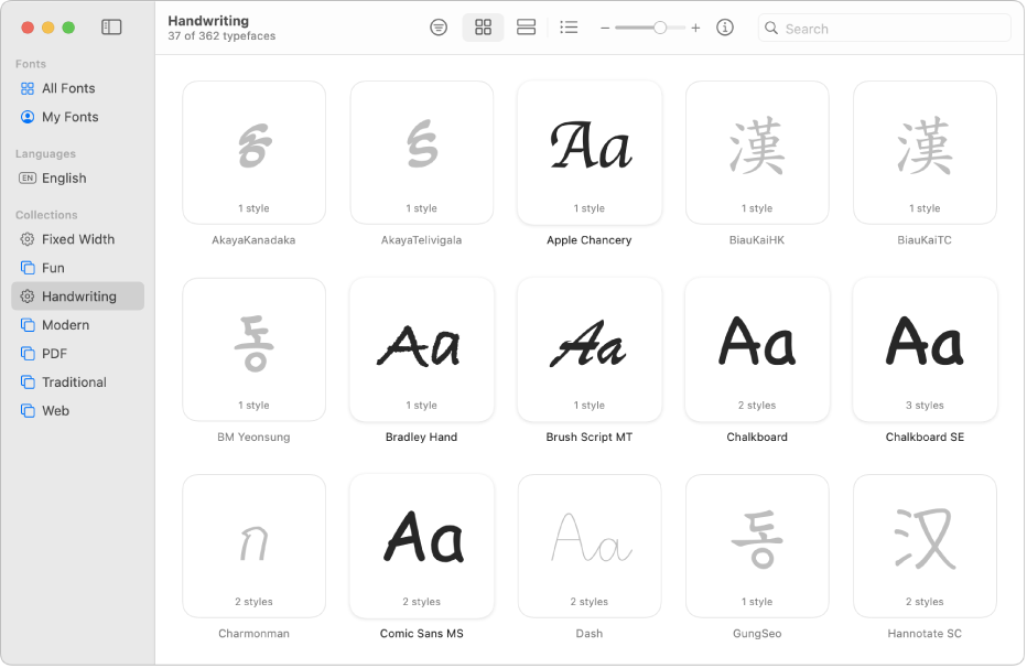 「字體簿」視窗顯示「手寫」字體集中包含的字體。